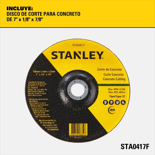 Image of a Stanley concrete cutting disc, model STA0417F. The disc is labeled for concrete cutting and specifies dimensions of 7 inches x 1/8 inch x 7/8 inch (180mm x 3mm x 22mm). The disc is predominantly yellow and black, with safety, usage, and certification information printed around the center hole.