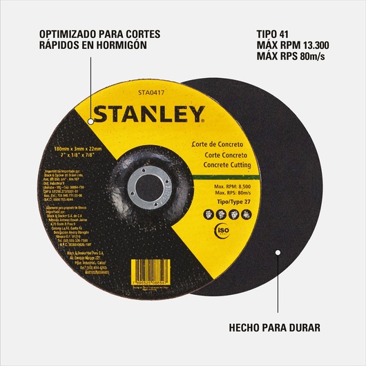 Image of a Stanley brand concrete cutting disk, model STA0417. The disk is black and yellow with specifications printed, including diameter 180mm x 3mm x 22mm, maximum RPM 8,500, and maximum RPS 80m/s. The text highlights its optimization for fast cuts in concrete and its durability. Certification and safety icons are visible.