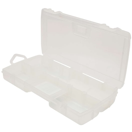 STANLEY clear plastic organizer box with open lid, divided compartments, angled front shot on white background