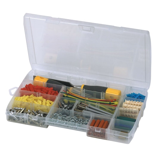 Stanley organizer box, angled top view, with assorted screws, wall plugs, wire connectors, and hand tools in clear compartments