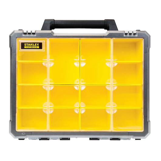 Stanley FATMAX yellow compartment organizer, front shot, black handle, transparent lid, gray edges