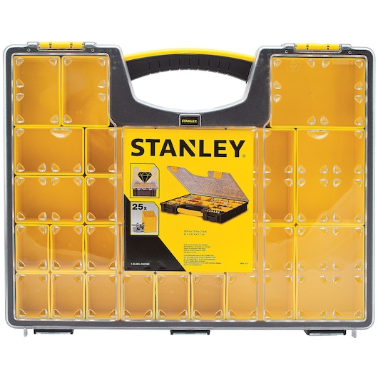 Stanley yellow plastic organizer with handle, 25 clear compartments, front view, white background