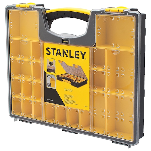 STANLEY yellow and black plastic organizer case with clear lid, 25 compartments, front angle on white background