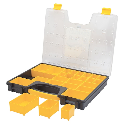 Stanley organizer box, top-down angle, black base with removable yellow compartments and clear lid