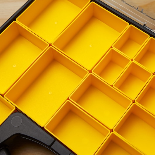 STANLEY 014725R plastic organizer with yellow removable compartments, top view