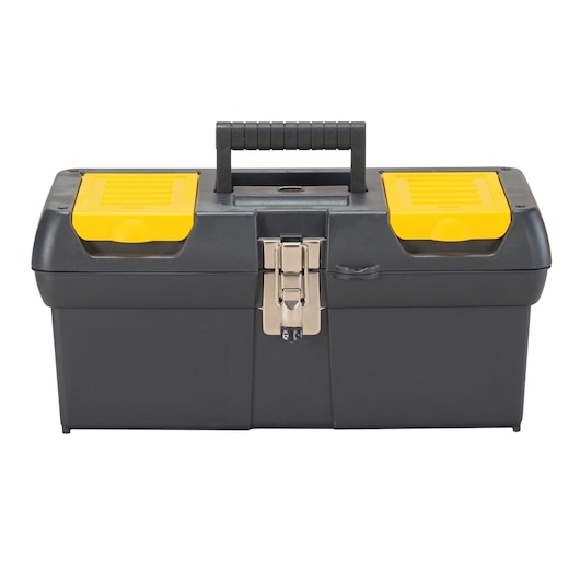 Stanley black and yellow plastic toolbox front view with metal latch and top organizers on white background