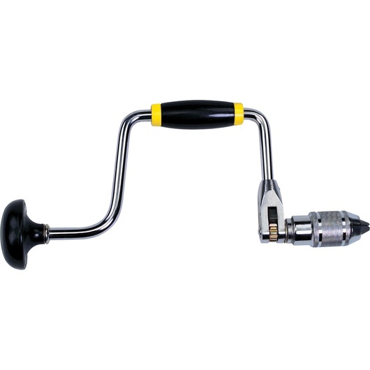 STANLEY 02-110 hand brace drill with black handle and metal frame, side view on white background.
