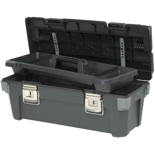 Stanley toolbox front angle, open lid, removable tray inside, black plastic with metal latches