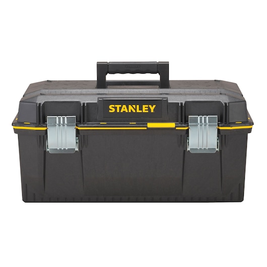Front view of STANLEY FATMAX black toolbox with yellow accents, metal latches, and sturdy handle on white background