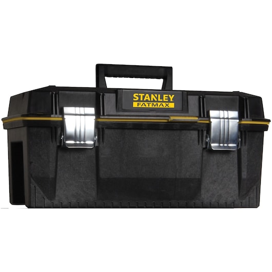 Stanley 023001W Fatmax black toolbox with yellow accents, front angle, metal latches and top handle.