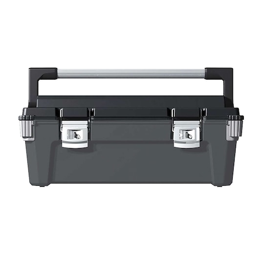 Stanley black plastic toolbox front view on white background with metal handle and dual metal latches