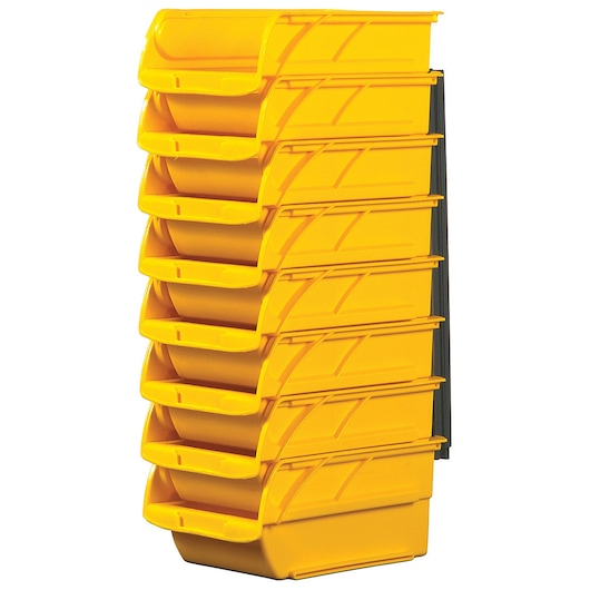 STANLEY 057208R stack of yellow storage bins, photography, angled view on white background