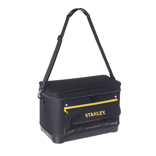STANLEY 1-96-193 tool bag with shoulder strap, black fabric, yellow logo, front angle on white background.