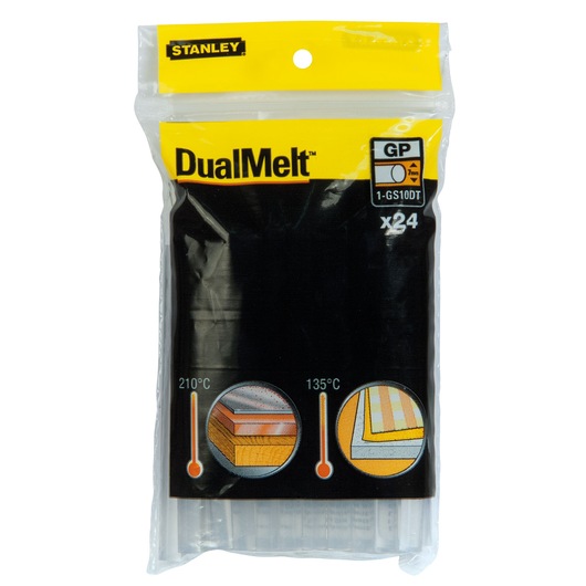 STANLEY GS10DT DualMelt glue sticks pack of 24, front view on white background.