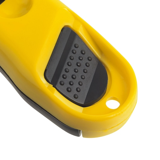 STANLEY 10-065LA utility knife close-up, showing yellow handle with textured black grip, white background.
