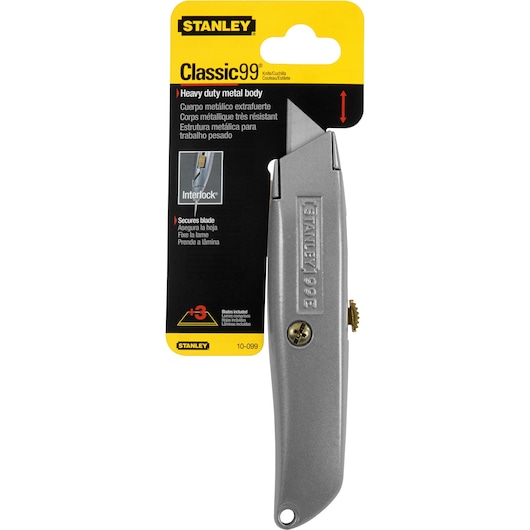 STANLEY 10-099-KR utility knife, silver, heavy duty metal body, front packaging photography.