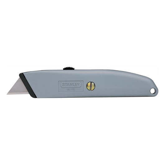 STANLEY 10-175 utility knife, silver metal body, blade extended, left side view, on white background.