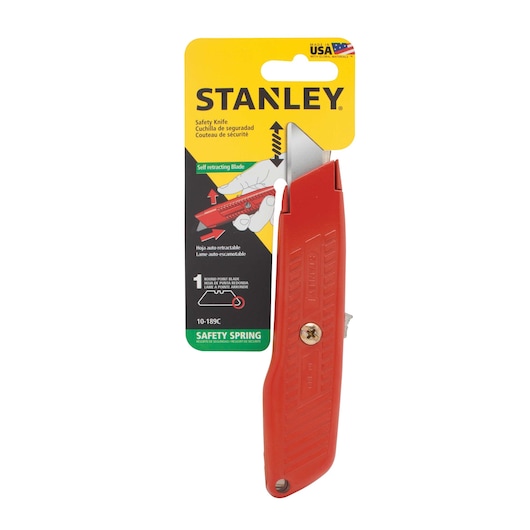 Photo of STANLEY 10-189C safety knife with red handle and self-retracting blade, packaged, front angle.