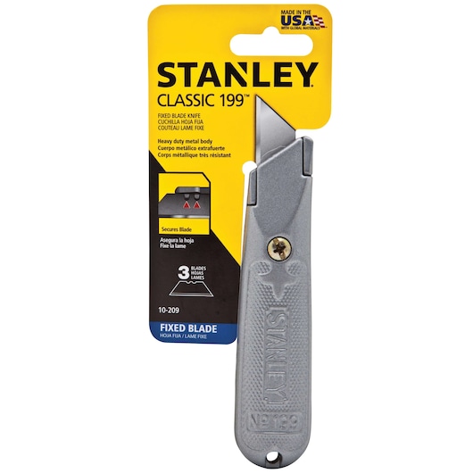 Stanley 10-209 Classic 199 fixed blade knife in retail packaging, front angle, silver metal handle.