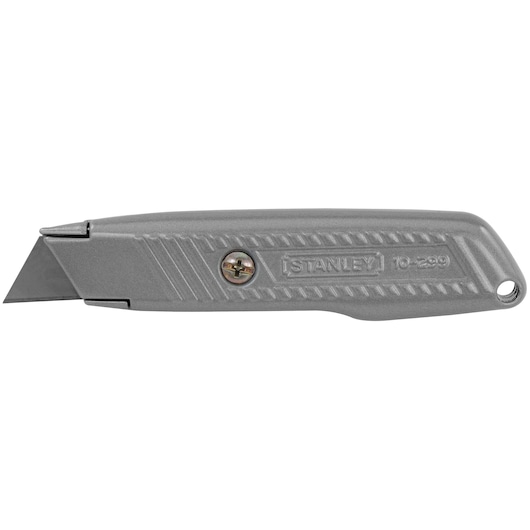 Stanley utility knife, silver metal, side profile on white background, fixed blade design.