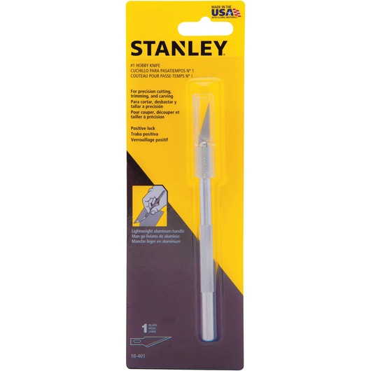STANLEY #1 hobby knife with lightweight aluminum handle, blade attached, in yellow retail packaging, front view.