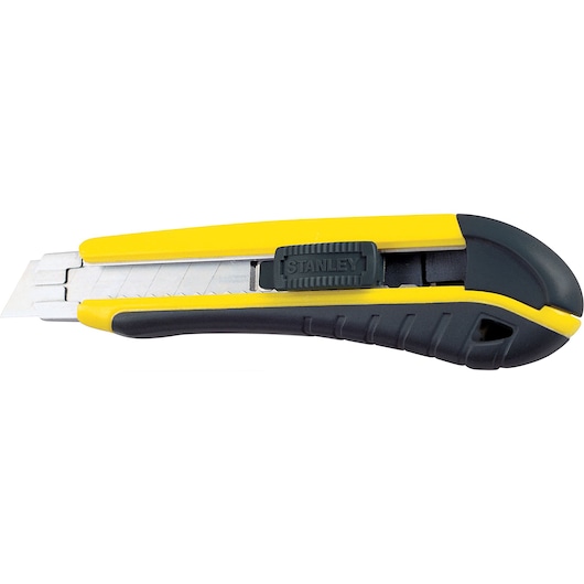 STANLEY 10-480S utility knife with yellow and black handle, side view on white background.