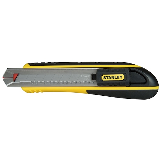 STANLEY 10-481 utility knife with yellow and black body, exposed snap-off blade, side view on white background.
