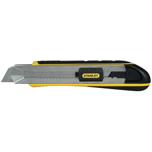 Stanley utility knife with retractable segmented blade, yellow and black body, side view on white background.