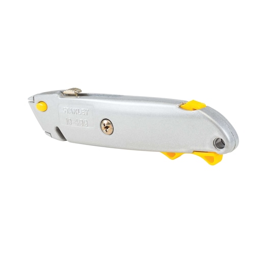 Stanley utility knife, side angle, silver body with yellow accents, white background