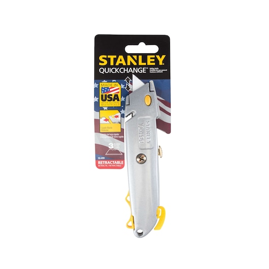 STANLEY 10-499 utility knife with silver body, yellow accents, and packaging, front view on white background.