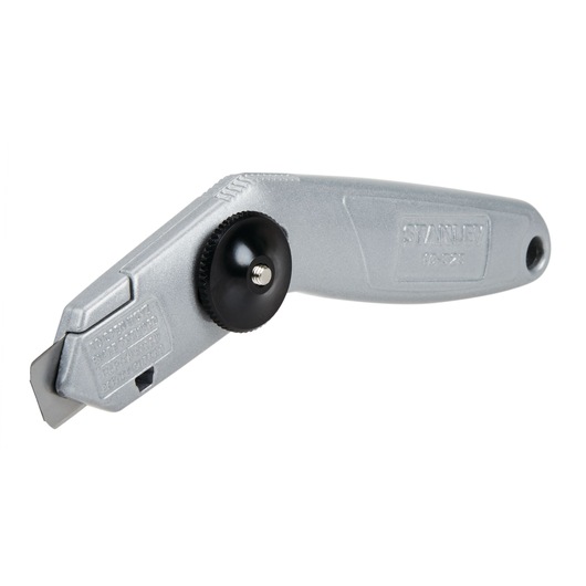 Stanley fixed blade utility knife, silver metal body, black adjustment wheel, side angle on white background