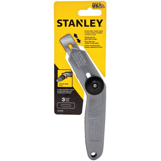STANLEY 10-525 retractable carpet knife, gray metal handle, product packaging, front angle.