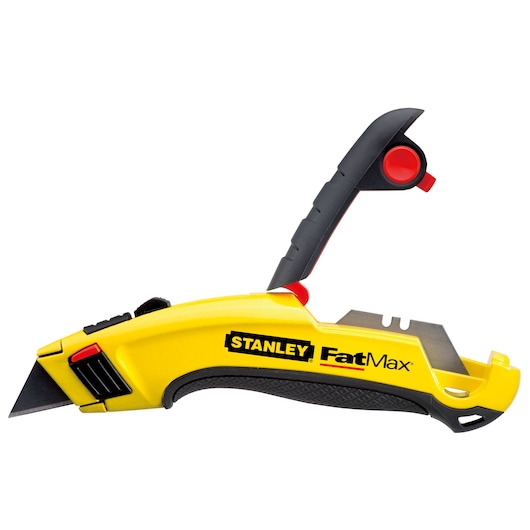 STANLEY 10-778 utility knife with yellow and black handle, extended blade, left side view on white background.