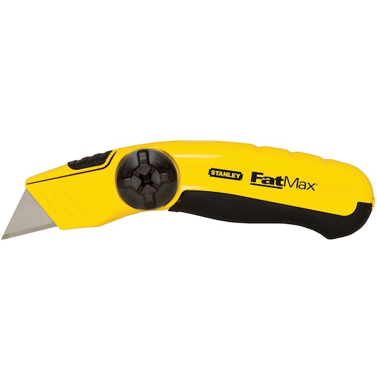 Stanley FatMax yellow utility knife side view, black grip and exposed blade, white background
