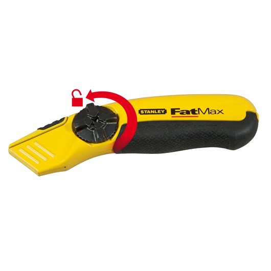 STANLEY 10-780 utility knife with yellow and black handle, side view, featuring lock mechanism and red unlock arrow.