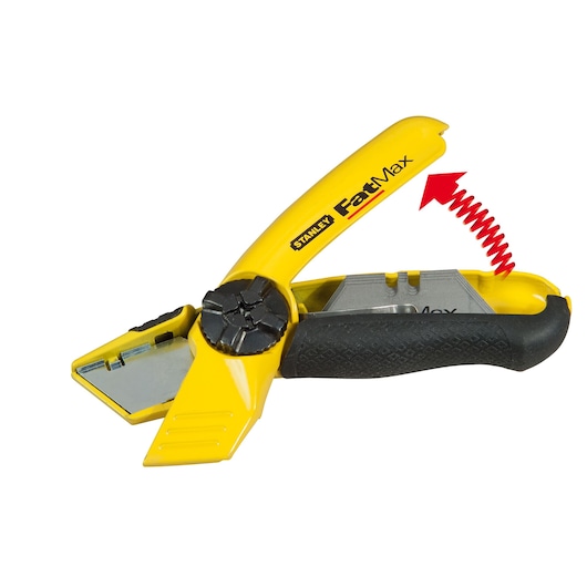 STANLEY 10-780 utility knife with yellow and black handle, blade holder open, white background, side angle.