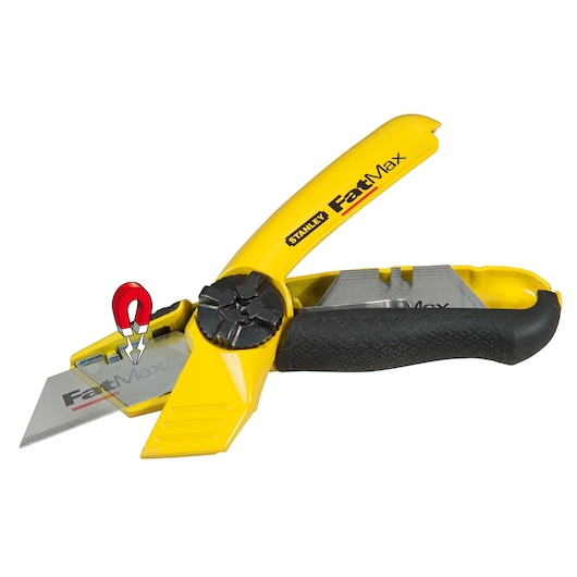 STANLEY 10-780 utility knife with yellow and black handle, open to show blade storage, side angle.
