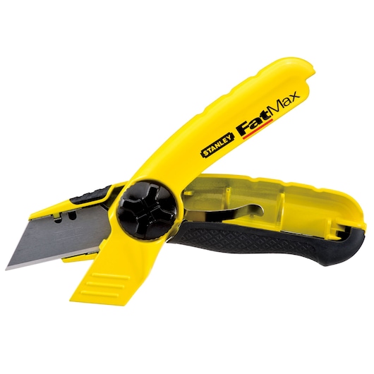 STANLEY 10-780 utility knife with yellow and black handle, blade extended, side angle photo.