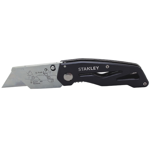 STANLEY 10-855 folding utility knife, black and silver, side view on white background.