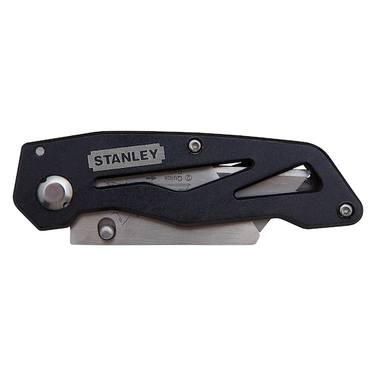 Stanley 10-855 folding utility knife, black handle, blade partially visible, side view, white background.