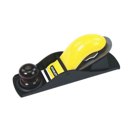STANLEY 12-210 hand planer with yellow handle, front angle, woodworking tool on white background.