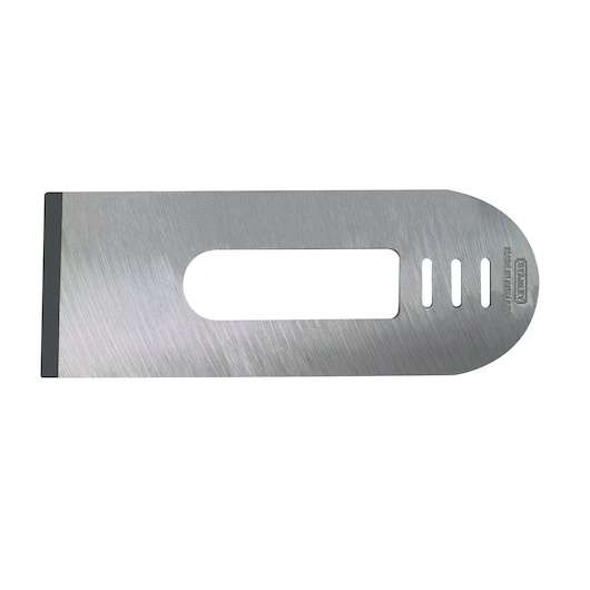 STANLEY straight-edged replacement scraper blade, brushed metal finish, top-down view on white background