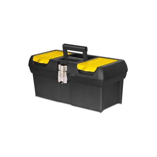 STANLEY 13-013 black and yellow toolbox with metal latch, angled on white background.