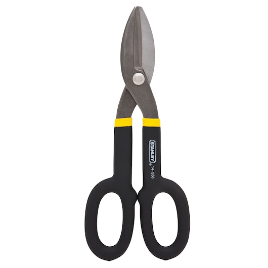 Stanley straight aviation snip with black handles, yellow accents, front-facing on white background