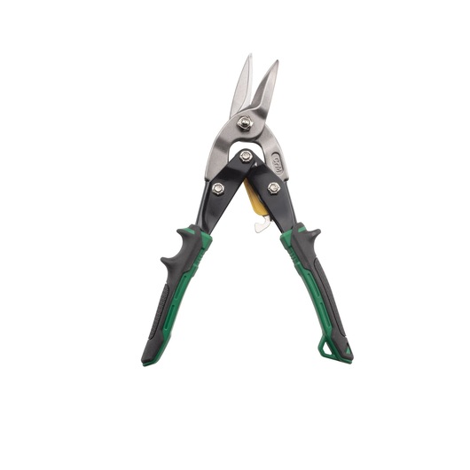 STANLEY 14-564 aviation snip with green and black FatMax handles, front angle on white background.
