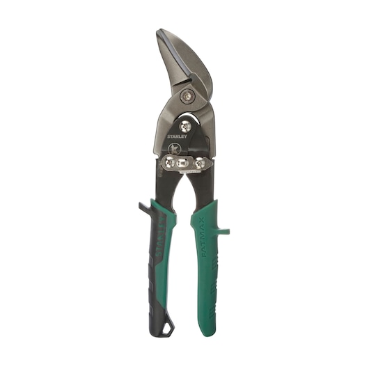 STANLEY 14-568 aviation snip with green and black grip, front angle on white background.