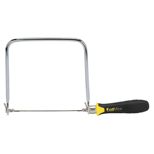 STANLEY FatMax coping saw with black and yellow handle, straight-on view on white background