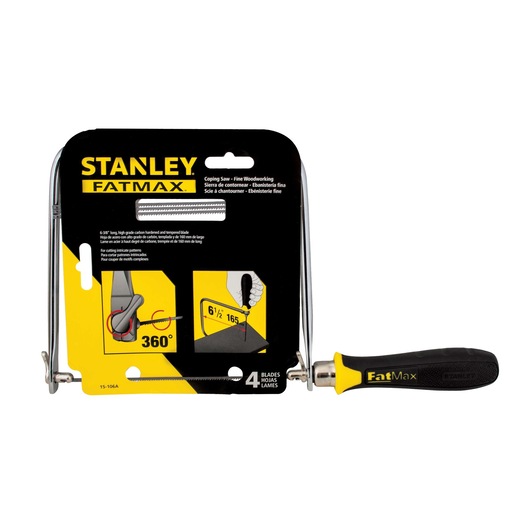STANLEY FATMAX coping saw with black and yellow handle, 6.5 inch blade, SKU 15-106A, photographed on white background.