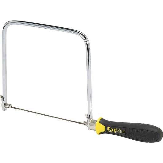 STANLEY 15-106 FatMax coping saw with black and yellow handle, side view on white background.