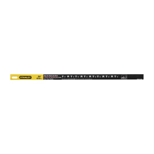 STANLEY 15-385 bow saw blade, 24 inch, black with yellow end, product photo on white background.